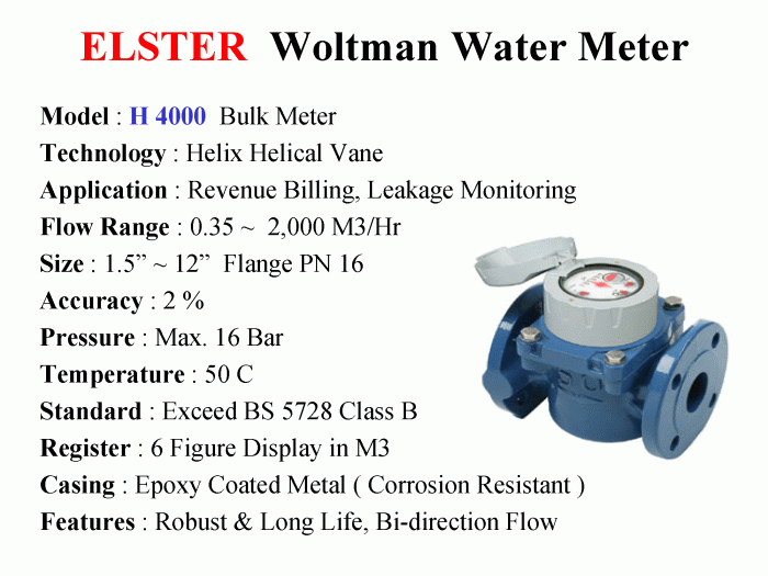 Water Meter H4000 series / Helical Vane Bulk Meter, Capacity 0.35 ~  2,000 M3/Hr - Elster - Gamako